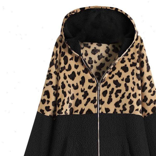 

coat women zipper leopard patchwork pocket fleece warm plus size 5xl coat winter casual jacket yj2, Black;brown