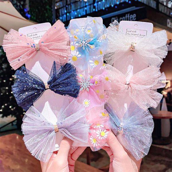 

hair accessories korea net yarn headwear bow hairpin child princess headdress sweet duckbill clip girls hairclips card issuance, Slivery;white