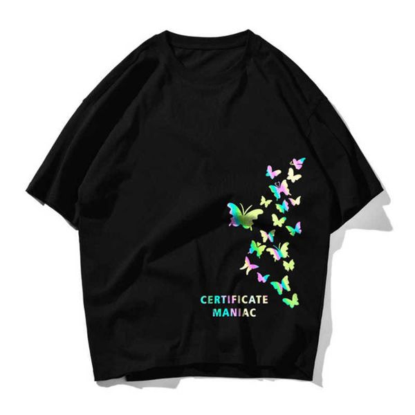 

oversize t shirt men streetwear harajuku reflective butterfly tshirt short sleeve cotton loose hiphop t-shirt plus size 210527, White;black