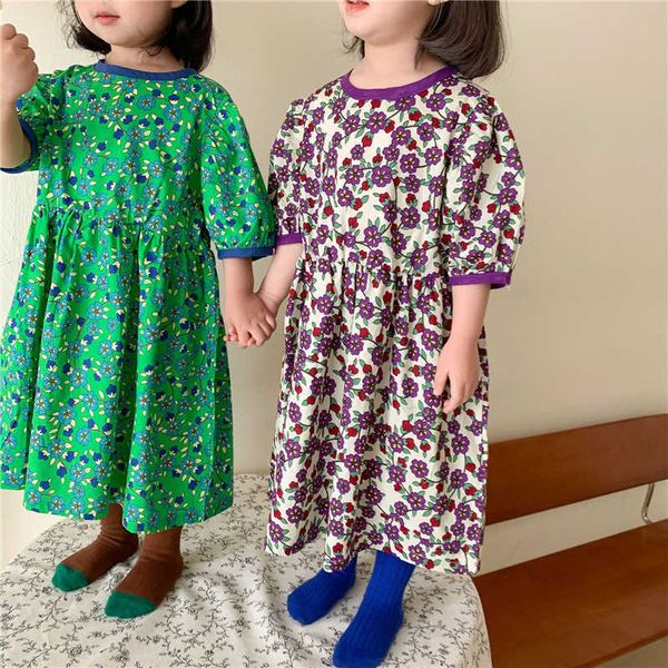 Estilo Coreano Cute Kids Floral Manga Curta Vestido Bebê Meninas Soltas Vestidos Longos Casuais 2-6Y 210615