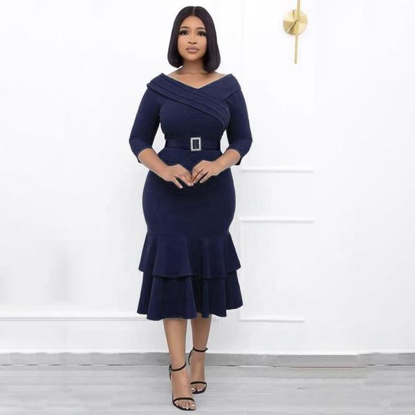 

casual dresses autumn 2021 solid color womens dress western style fashion temperament commute ruffle v-neck long sleeve ladies, Black;gray