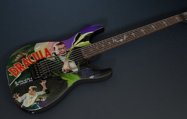 Custom Metallic Kirk Hammett Kh 2 Drácula Guitarra Elétrica Bat Cruz Inlay, Floyd Rose Tremolo, Contorno Extra Fino Pescoço, Pickups Ativos, Bateria de 9V, Sintonizadores Goto
