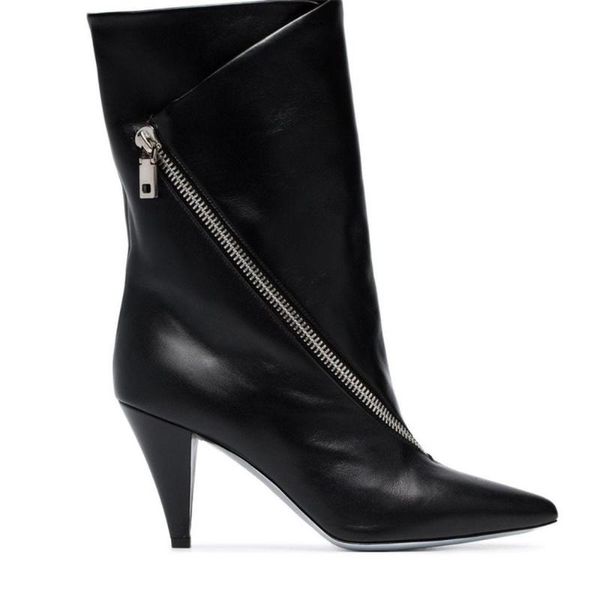 

boots us4-13 womens pointy toe genuine leather zipper ankle spike high heel shoes pull on western riding punk 3colors plus size, Black