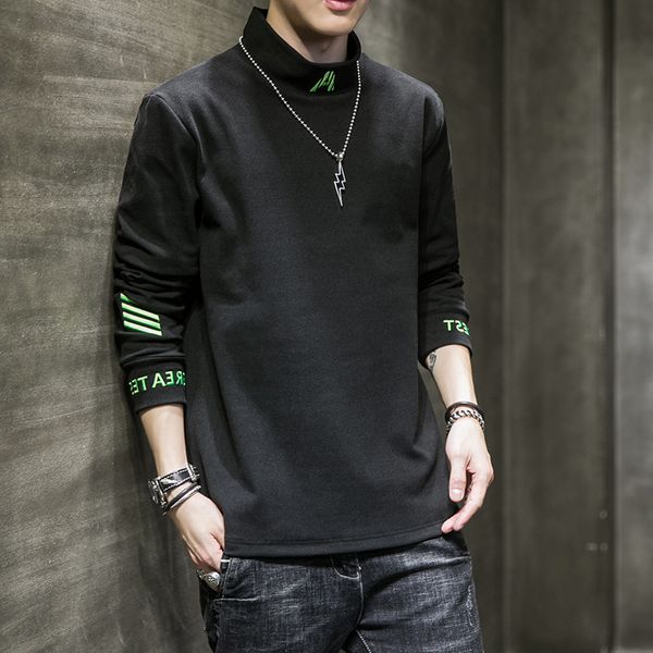 

2021 men's autumn trend style loose half high ne long sve t-shirt men's handsome versatile bottoming shirt, Black