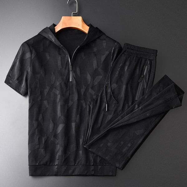 

summer man sets plus size 3xl 4xl yarn dyed short sleeve hooded casual slim mens sets 2 pieces (t-shirts+pants) men set, Gray