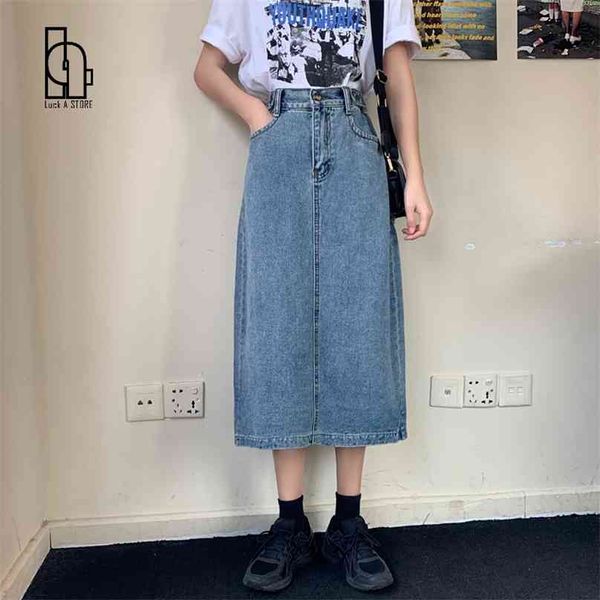 Luck A Retro Lange Sommer-Jeansröcke Mädchen Hohe Taille Knopftaschen Geteilte Jeans Gerade Übergröße Maxi 210629