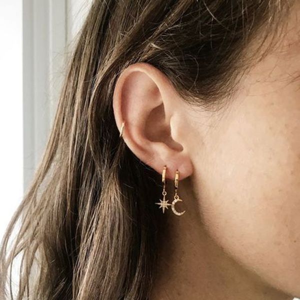 

gold earrings for women charm statement dangle earrings copper star moon mosaic cz fashion korean indian jewelry 1pcs, Bronze;silver