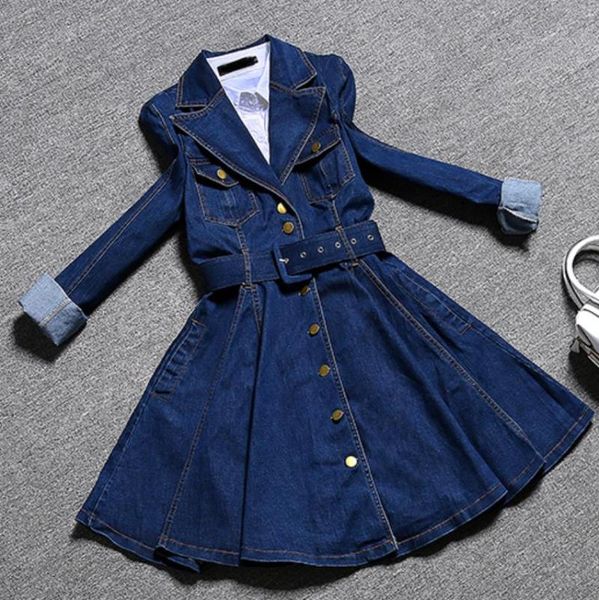 

casual dresses arrival 2021 spring long sleeve denim dress women single breasted slim a-line, Black;gray