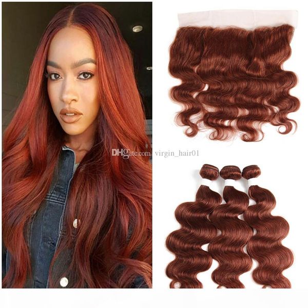 

copper red #33 lace frontal with bundles brazilian virgin human hair extension auburn body wave human hair bundles with frontal closure, Black;brown