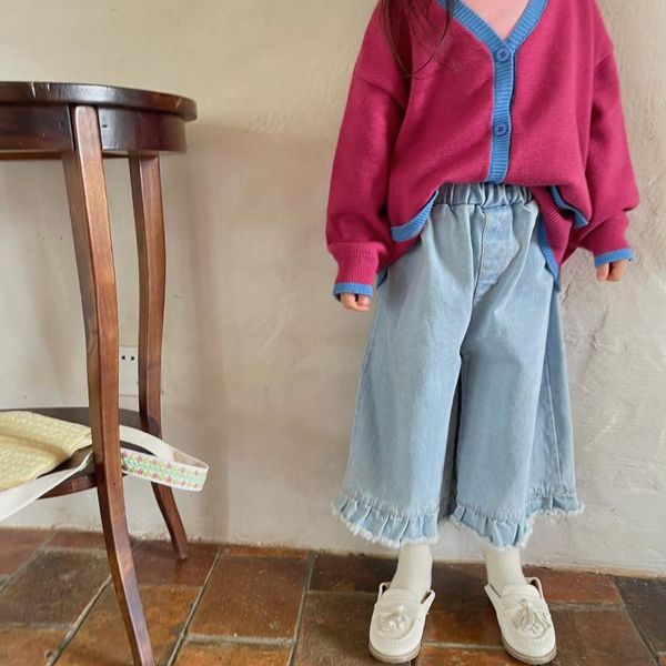

trousers kids jeans 2021 autumn toddler girls ruffle denim pants children clothes baby cotton casual loose slim wide leg, Blue