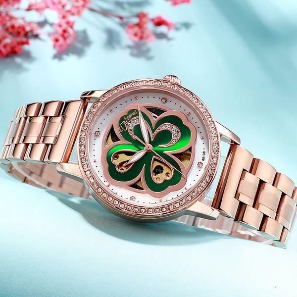 

nieuwe vrouwen automatische horloge luxe merk mechanische waterdichte rvs mode klavertjevieren geluk gift, Slivery;brown