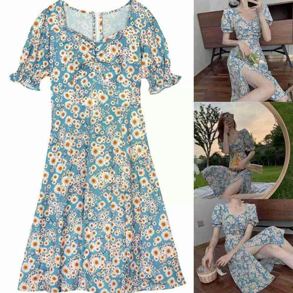 

casual dresses 2021 floral dress female summer gentle wind design split sleeve square sense skirt sundress long puff neck z3e9, Black;gray