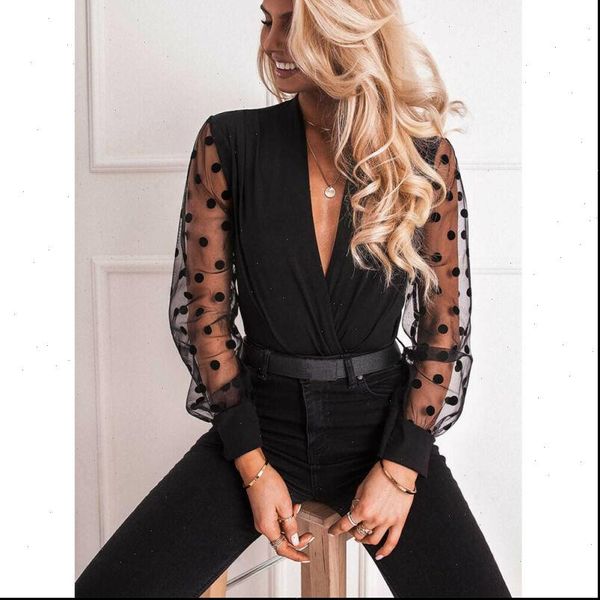 

fashion women v neck mesh polka long sheer sleeve pullover blouse shirt baggy tunic casual party club female blusas clothes, White