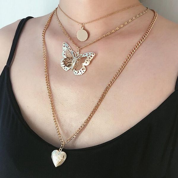 

pendant necklaces multi-layer hollow butterfly choker necklace elegant flip cover two heart long chain women jewelry, Silver