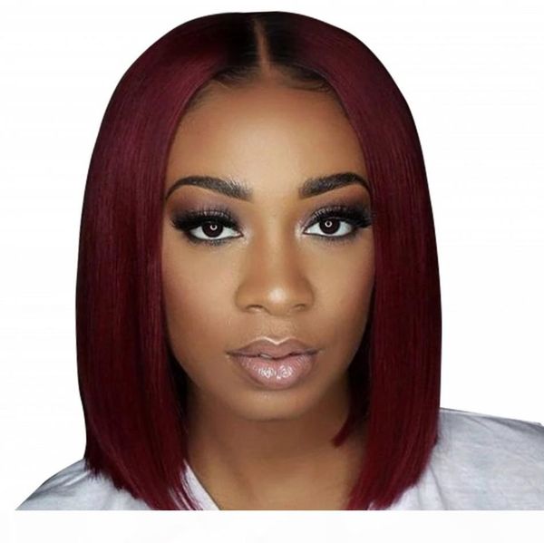 

short bob burgundy wig lace front human hair wig peruvian hair straight 130% 1b 99j lace wig preplucked, Black;brown