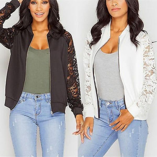 

women's jackets autumn women flower printing lace bomber jacket long sleeve zip up casual biker zipper coat, Black;brown