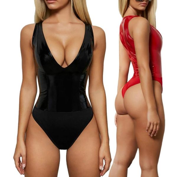 

women's jumpsuits & rompers 2021 women pu leather bodysuits summer club party sleeveless v-neck skinny bodycon femme body black red, Black;white