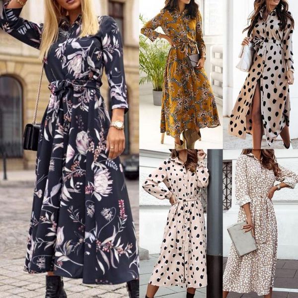 

shirt dress polka dots/floral print long sleeve spring women single-breasted belt maxi dress party shirt for party, Black;gray
