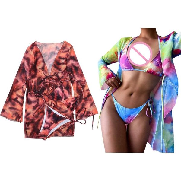 

tie-dye 3pcs swimsuit set women triangle bikini with long sleeve cardigan u7ef