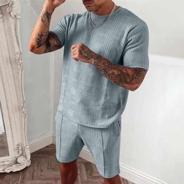 

men's tracksuits 2021 summer tracksuit fashion short-sleeved t-shirt 2 piece sportswear round neck shorts plaid breathable suit #4, Gray
