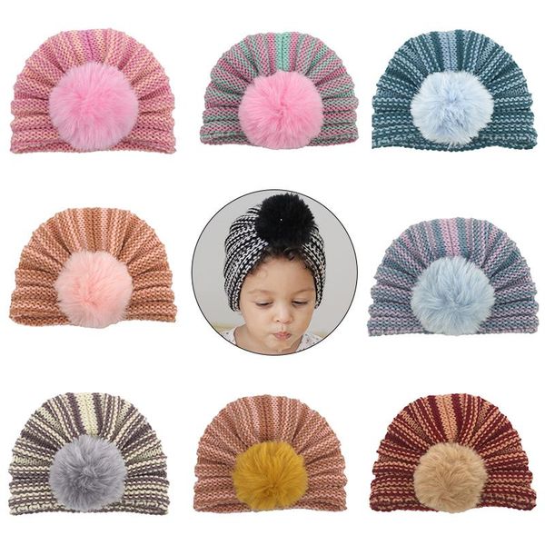 

caps & hats warm children's woolen knitted striped fur ball winter baby hat for girls candy color bonnet enfant born turban, Yellow
