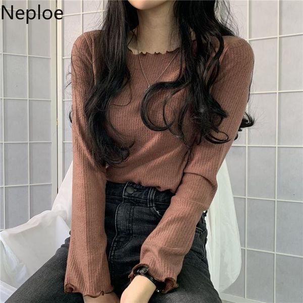 

women's t-shirt neploe t-shirts solid casual ruffles knitted shirt korean all match long sleeved thin o neck pullover sweatshirts top, White