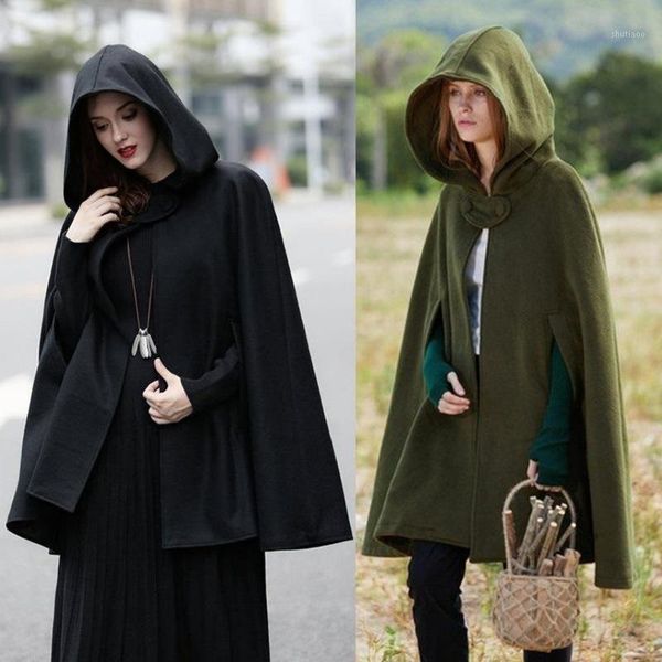

women's wool & blends autumn and winter loose hooded button cloak coat shawl, Black