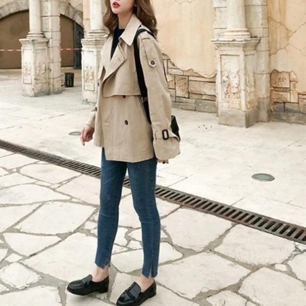 

women's trench coats 2021 chic casual korean version of the small coat windbreaker short versatile, Tan;black