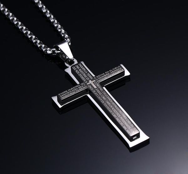 

pendant necklaces fashion men cross stainless steel black crucifix bible prayer choker jewelry colar masculino, Silver