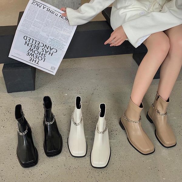 

boots round toe women ankle short metal chain side zipper 2021 arrivals thick flats heeled fashion white black