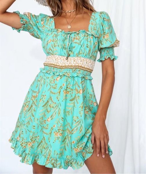 

2021 new bohemian grass floral print short sleeve dress holiday beach woman backless lacing up short summer dresses vestidos, Red