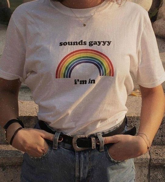 

women's t-shirt sunfiz sounds gayyy i' in rainbow printed t shirt lesbian gay supporters fashion cotton tee for, White