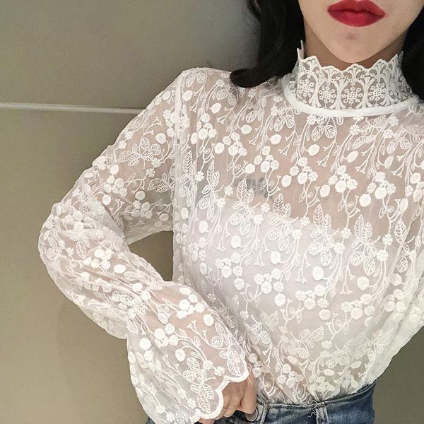 

2021 spring women transparent turtleneck tee shirts blouses girls full flare sleeve lace shirts for female gt716, White