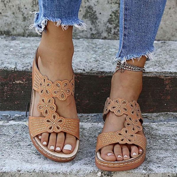 

women's shoes 2021 retro heel women sandals flat fashion flower hollow out ladies summer for slippers 35-43, Black