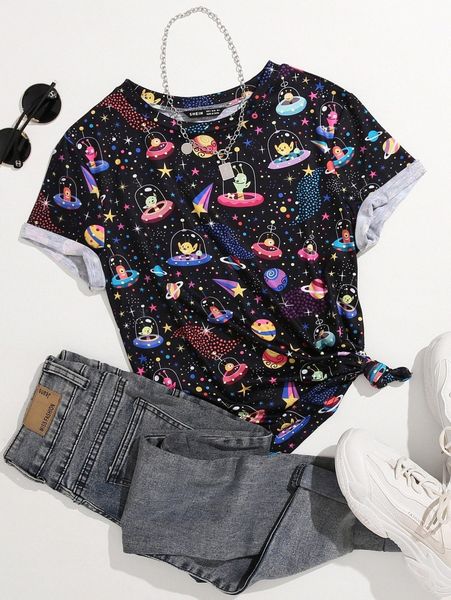 

plus cartoon graphic tee 11sh#, Black