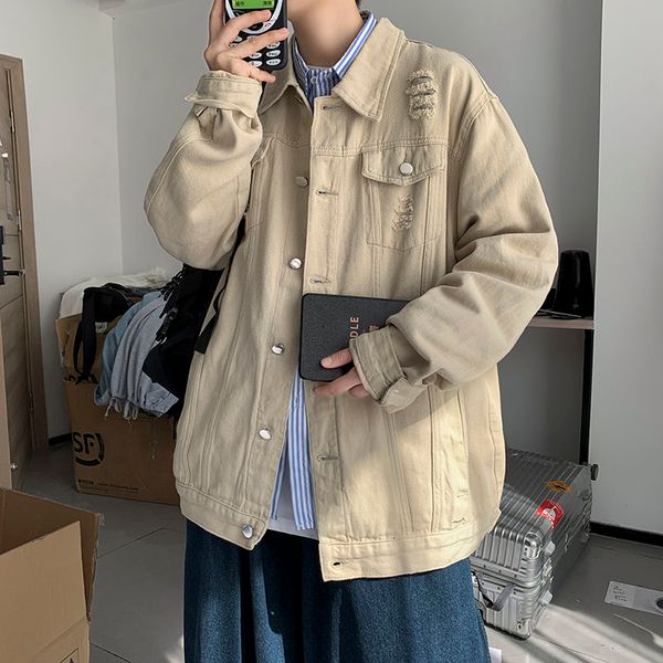 

new 2021 men's solid color holed casual denim jacket lapel collar high-quality coats fashion trend male outerwear plus size m-2xl t8pc, Black;brown