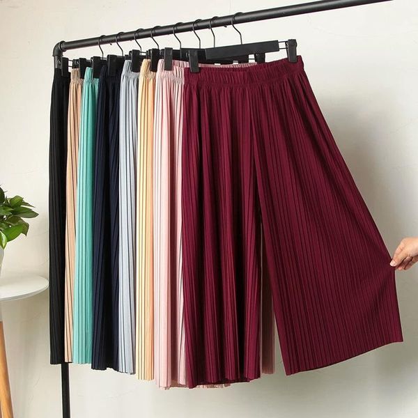 

women's pants & capris 2021 summer female high waist ruffled thin chiffon wide leg women pleated loose bell casual nine, Black;white