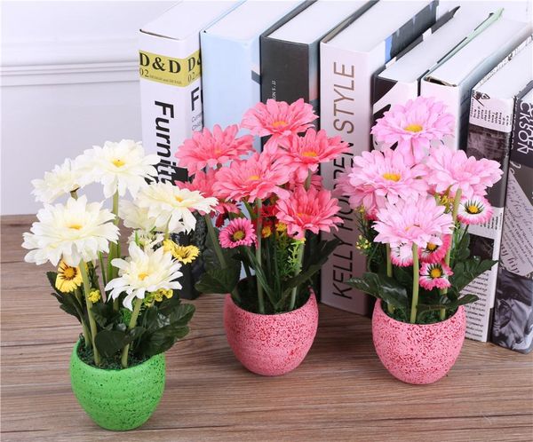 

silk gerbera daisy flower arrangements+vase artificial african chrysanthemum flower basket for wedding party home decorations