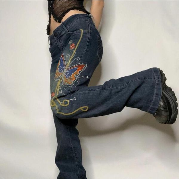 

women's jeans 2022 spring vintage butterfly embroidery woman low waist flared pants female casual loose denim trousers w902, Blue