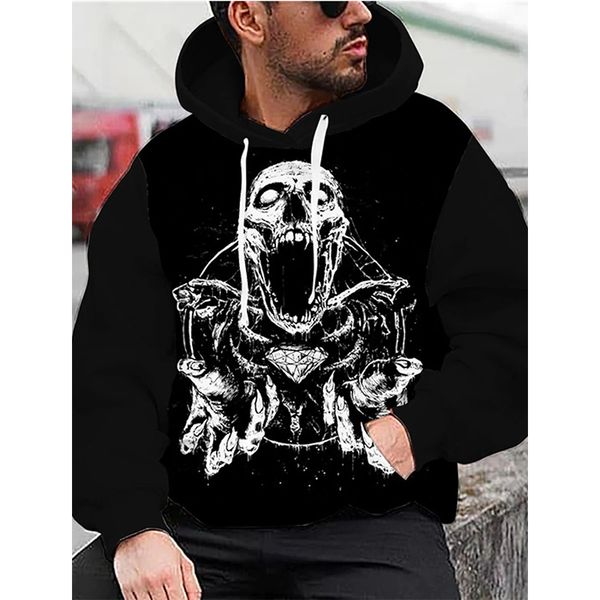 

fishbone skeleton pattern fierce 3d printing hoodie visual impact party punk goth round neck sweater hoodie, Black