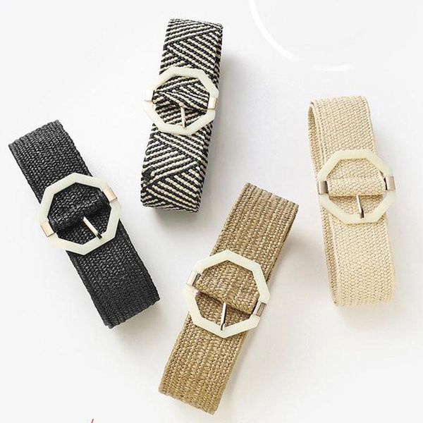 

belts bohemian style braided waist belt for women fashion vintage straw weave octagon plastic buckle wide, Black;brown