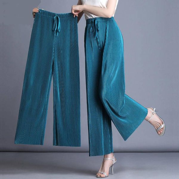 

women's pants & capris large size wide leg pleated trousers casual palazzo loose women chiffon pantalon femme, Black;white