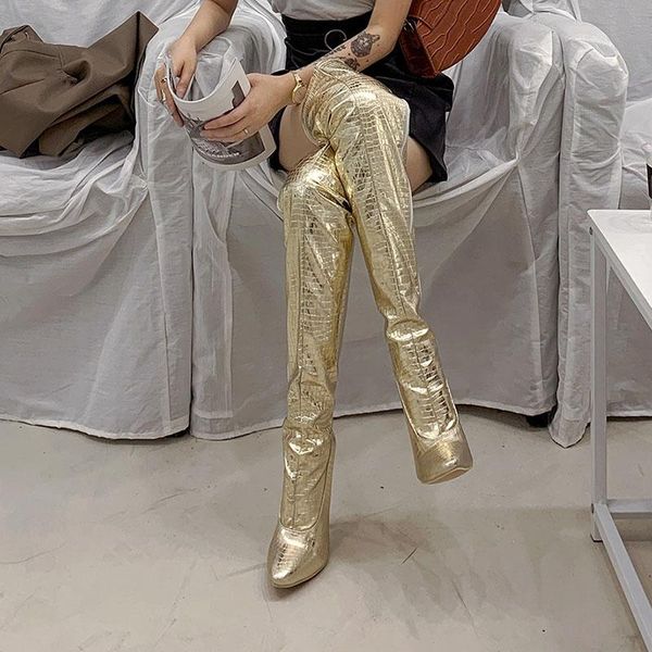 

boots knee high exquisite pattern european and american style 2021 autumn winter thin heels side zipper gold silver larg, Black