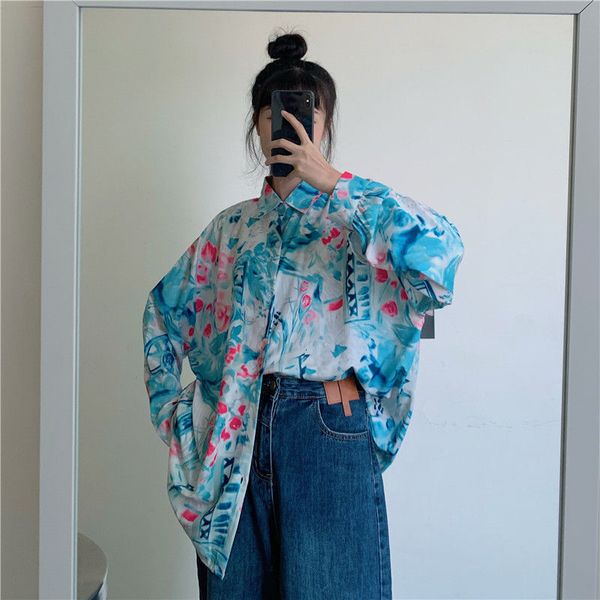 

summer streetwear blouses fashion printing vintage flower women's long feminine thin sleeve button big shirts 8vl9, White;black
