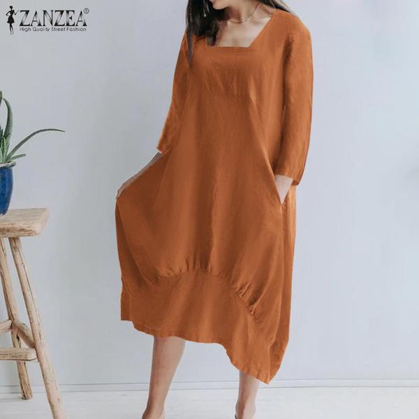 

casual dresses zanzea square collar robe femme womens autumn midi dress pleated pocket female solid cotton vestido plus size 5xl, Black;gray