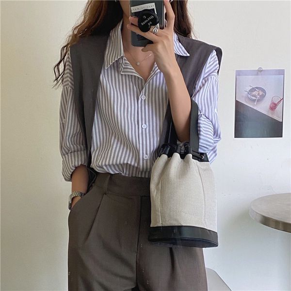 

all match chic striped stylish female 2021 new arrival women clothe streetwear office lady full sleeves shirts 9mcr, White