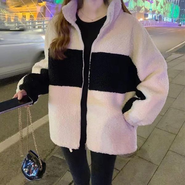 

women's fur & faux spring winter lamb coat fashion warm white and black patchwork ladies outerwear casual thin loose jacket top