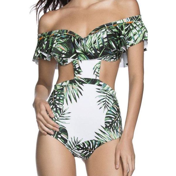 

one-shoulder bikini one piece swimsuit woman green stripe printed beach simple european style bikinis set high quality
