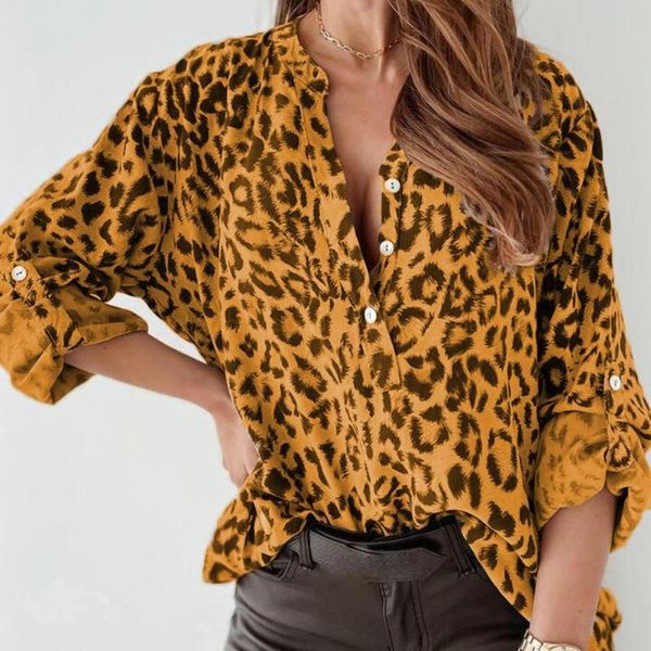 

women's blouses & shirts female blouse fashion long sleeve stand collar buttons leopard print casual shirt woman clothing, White