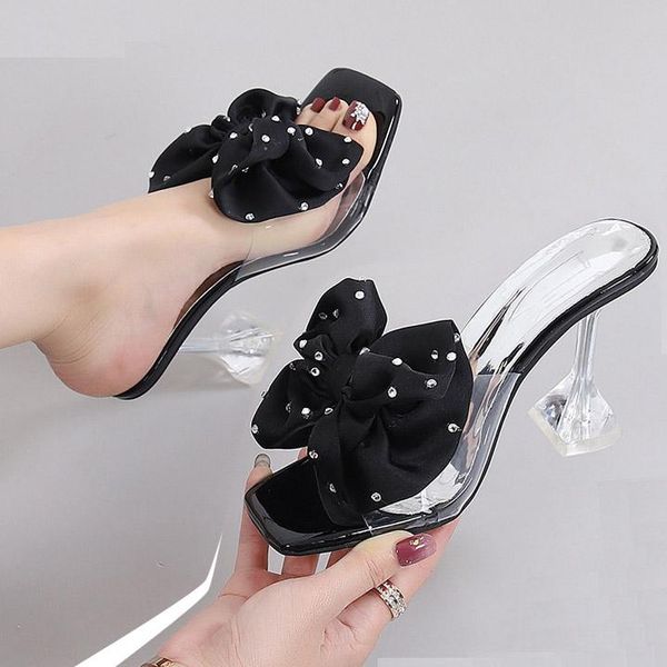 

slippers lihuamao transpaency crystal slipper shoes women high heel slides slip on comfortable ladies sandals, Black